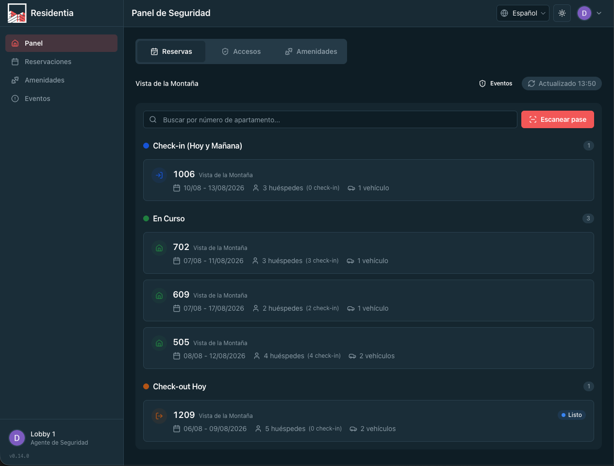 Dashboard de seguridad con huéspedes registrados por unidad
