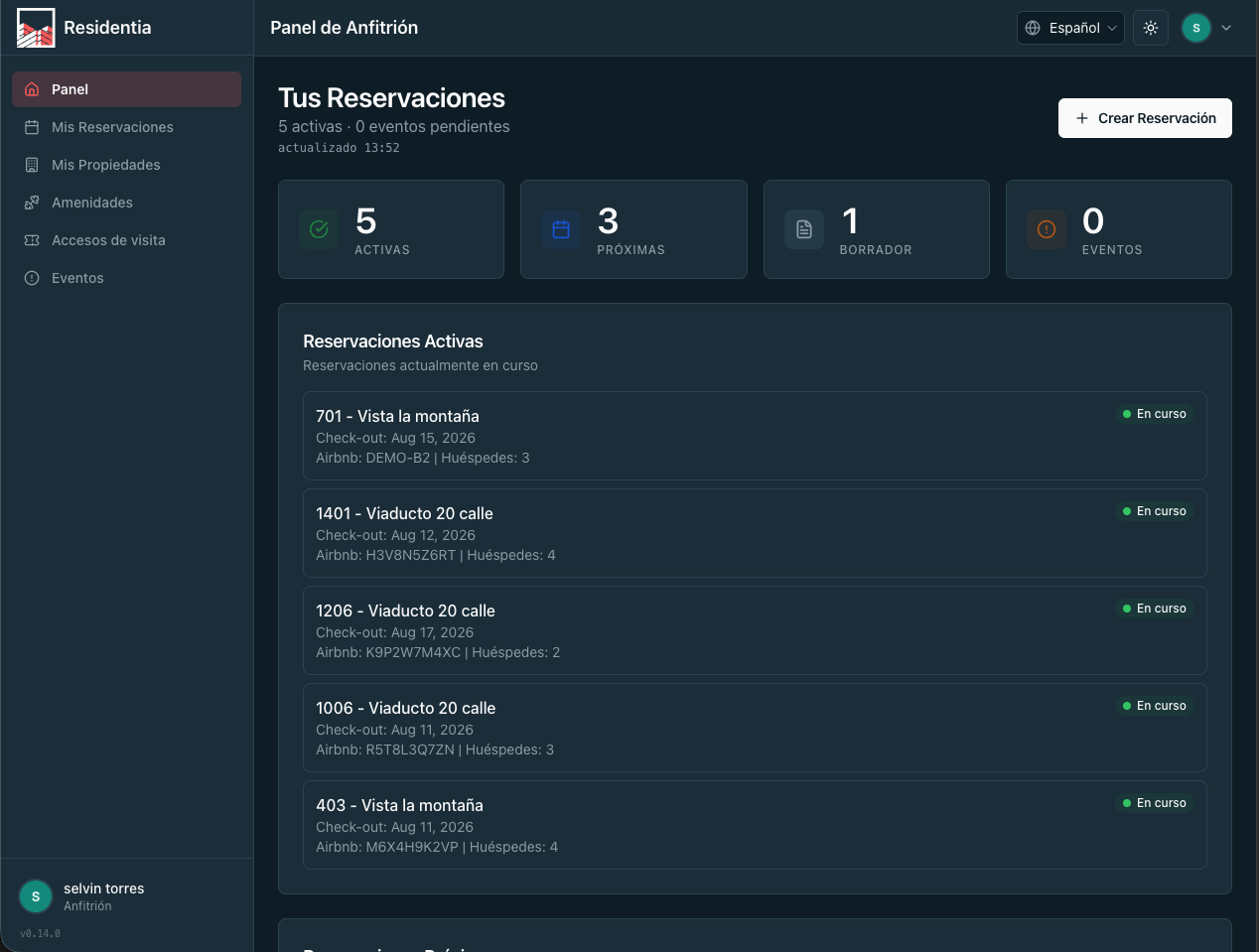 Dashboard de host mostrando reservas activas