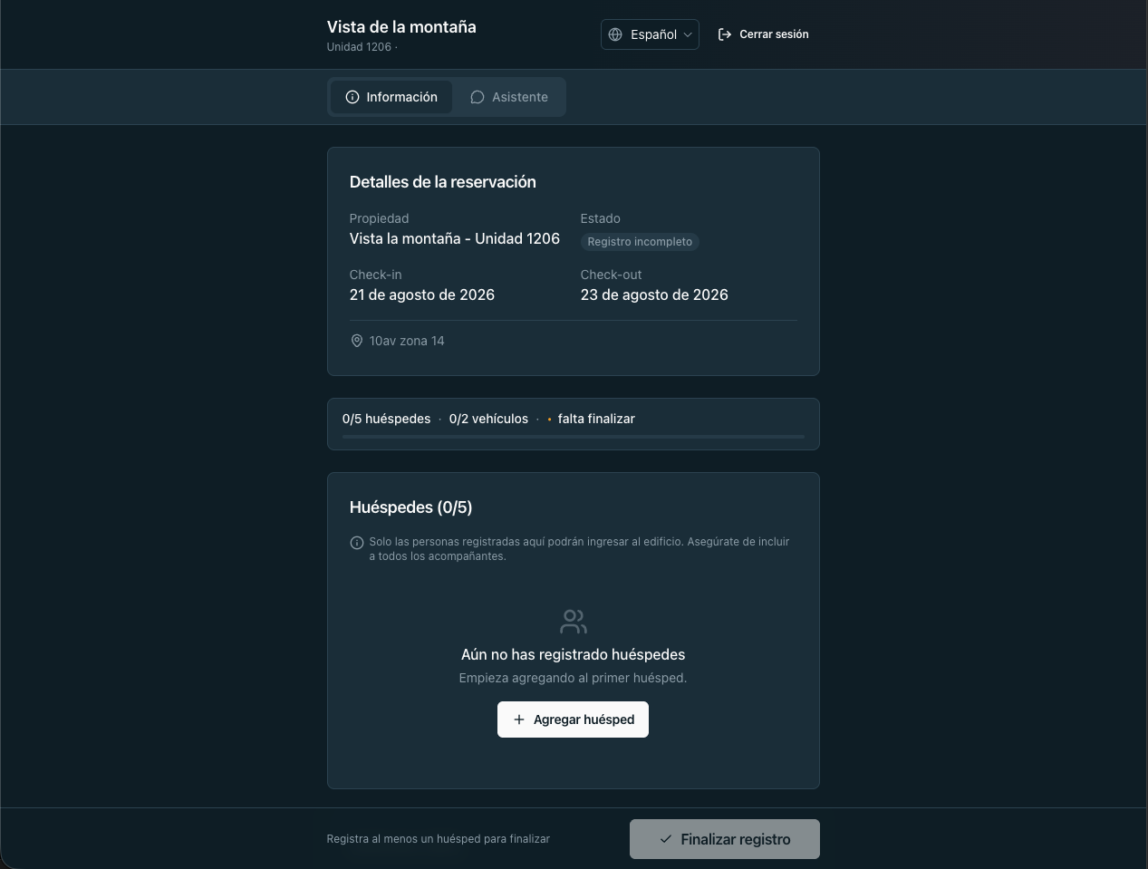 Portal móvil de registro de huésped