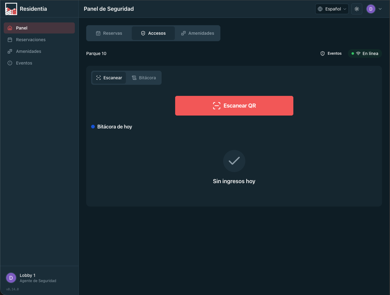 Panel de control de accesos con pases y bitácora de entradas